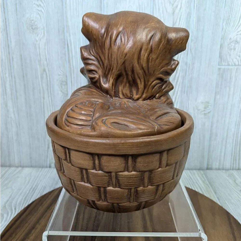 Vintage Twin Winton California Pottery Brown Cat Kitten In Basket Cookie Jar